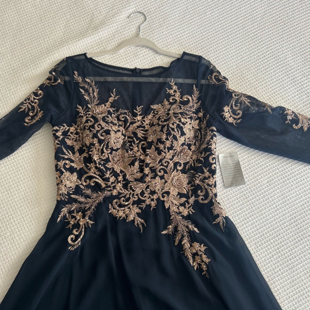 Betsy & Adam Elegant Navy and Rose Gold Embroidered Dress